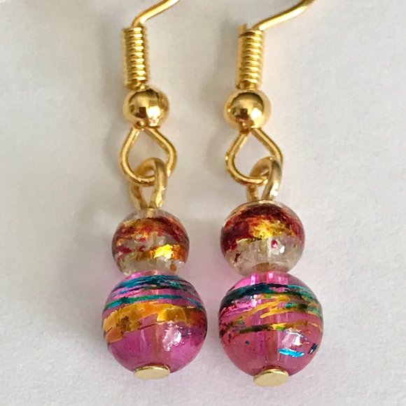 Pink Aqua Blue Murano Glass Earrings Bead Hand Painted Round Gold Plated Dangle - Picture 10 of 13